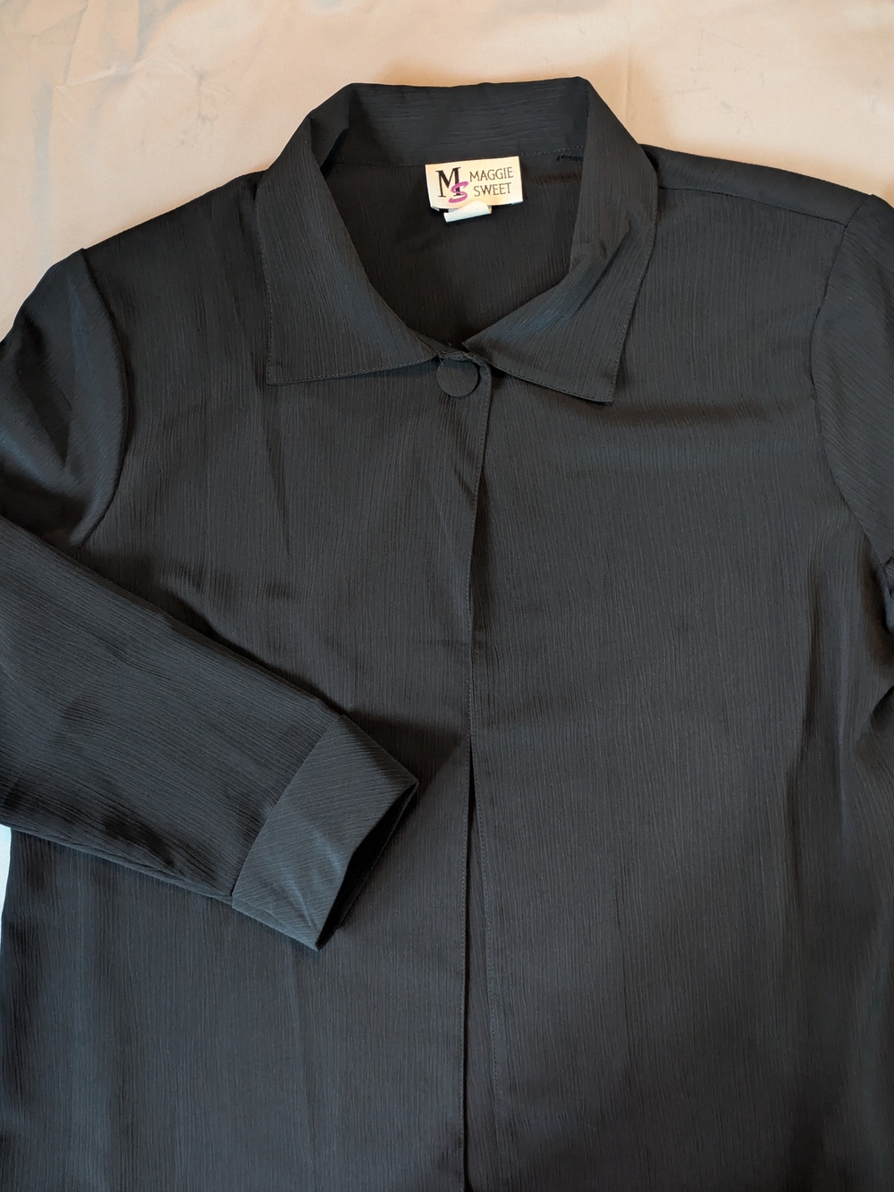 Vintage 90s Maggie Sweet Black Textured Crinkle Button Top Blouse Jacket